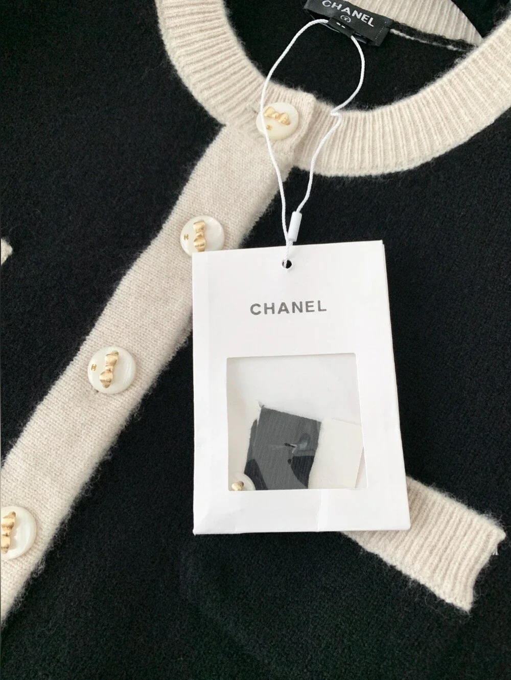 CHANEL Black Cashmere cardigan Sweater with Cream Trim Crewneck